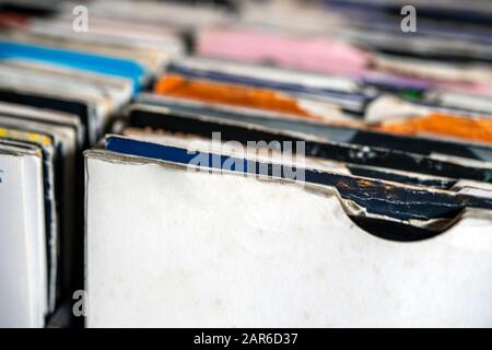 Detail of a collection of seven inch vinyl singels Stock Photo