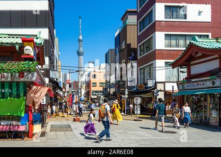 Tokyo, August 9, 2019 – Tokyo Sky Tree viewed from Dempoin Dori, a lively street in Asakusa district near  Sensoji Temple
