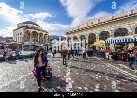 People on Monastiraki Square in Athens city, Greece. View with 18th century Tzistarakis Mosque building Stock Photo