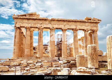 Parthenon on the Acropolis of Athens, Greece. Ancient Parthenon is the main landmark of Athens. Ruins of the famous temple of Athena in sunlight. Clas Stock Photo