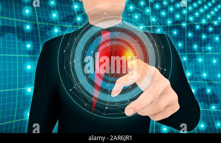 Businessman pushing button on virtual screen. 3D rendering Stock Photo