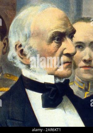 Vintage portrait of William Ewart Gladstone (1809 – 1898) – the British Liberal politician who served as Prime Minister of the United Kingdom on four occasions between 1868 and 1894. Detail from a chromolithograph print circa 1894 by The Strobridge Lithograph Co. Stock Photo