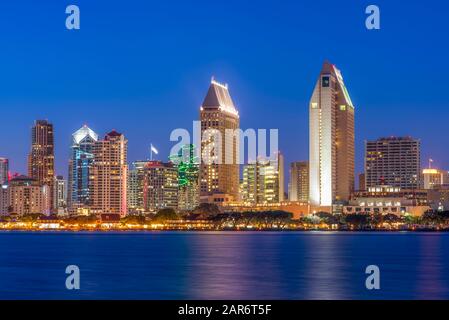 San Diego Harbor and San Diego Skyline at night. San Diego, California, USA. This view is from across the harbor from the city of Coronado, California.