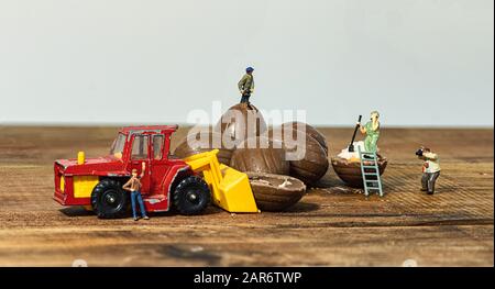 Little people,Miniature figurines,  opening Chocolate eggs, while on the phone and havening their photo taken, Stock Photo