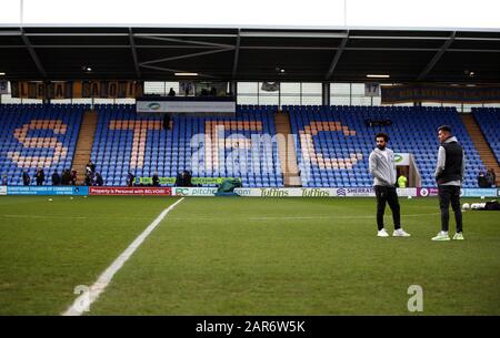 Liverpool's Mohamed Salah (left) and Roberto Firmino on the pitch before the FA Cup fourth round match at Montgomery Waters Meadow, Shrewsbury. Stock Photo