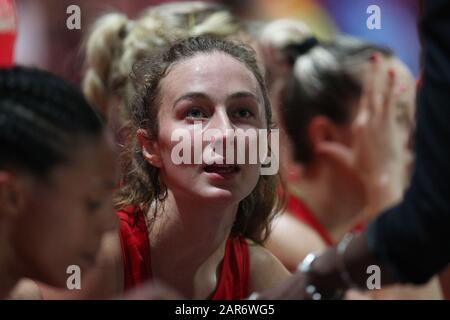 England Vitality Roses’ Amy Carter during Vitality Netball Nations Cup match at The Copper Box, London. Stock Photo