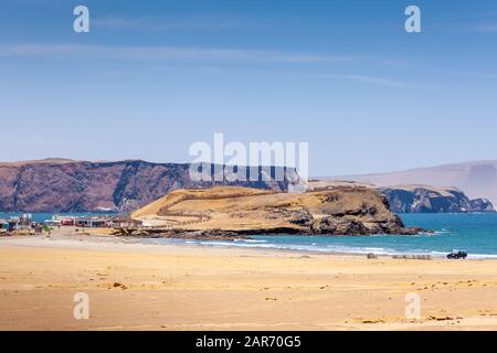 Paracas National Reserve, colorful sands, desert hills, viewpoint on near the red beach Playa Roja, Pisco, Peru. Stock Photo