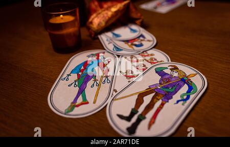 Prediction of the future, mysticism, occultism.  Fortune-telling cards  handmade, drawn based on the same medieval ones. Stock Photo