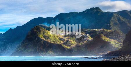 View of beautiful mountains and ocean on northern coast Madeira island, Portugal Stock Photo