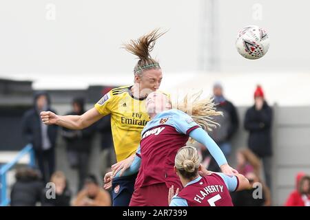 Romford, UK. 26th Jan, 2020.  Louise Quinn of Arsenal Women heading the ball past Grace Fisk of West Ham United Women during the Women's FA Cup match between West Ham United and Arsenal at the Rush Green Stadium, Romford, London on Sunday 26th January 2020. (Credit: Jacques Feeney | MI News) Photograph may only be used for newspaper and/or magazine editorial purposes, license required for commercial use Credit: MI News & Sport /Alamy Live News Stock Photo