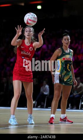 England Vitality Roses’ Amy Carter during Vitality Netball Nations Cup match at The Copper Box, London. Stock Photo