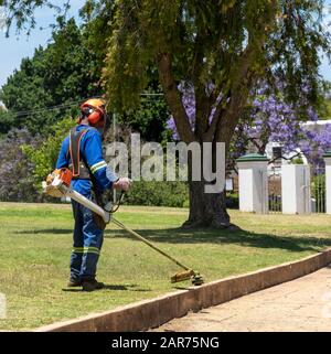 Man wearing protective clothing and safety helmet strimming grass in a garden. Western Cape, South Africa Stock Photo