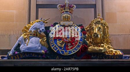 Scottish version of the royal coat of arms -Historic port customs house ,Custom House Quay Ferry Terminal, Greenock , Inverclyde, Scotland, UK at dusk Stock Photo