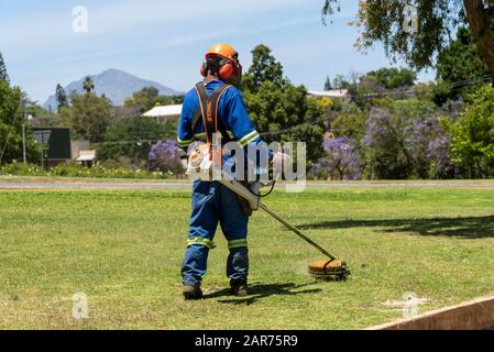 Man wearing protective clothing and safety helmet strimming grass in a garden. Western Cape, South Africa Stock Photo