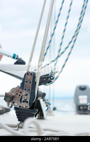 Hand winch on a sailboat while sailing. Stock Photo