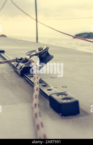 Hand winch on a sailboat while sailing. Stock Photo