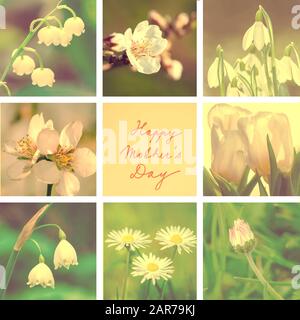happy mothers day collage from white flowers retro effect Stock Photo