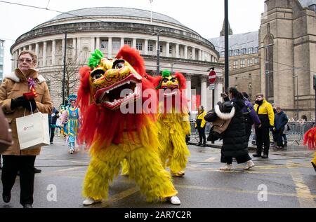 Chinese New Year in Manchester city centre with lion dance in front of the central library Stock Photo