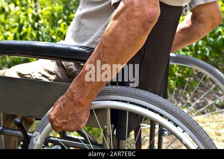 A disabled man is sitting in a wheelchair ,Holds his hands on the wheel. Handicap people Concept. Stock Photo