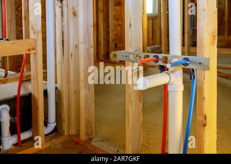 PVC pipe connections install and assemble water drain under the bathroom sink Stock Photo
