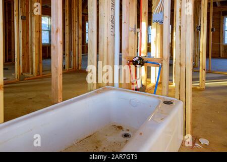 Construction work, water pipe pumping systems for bathroom PVC pipe connections Stock Photo