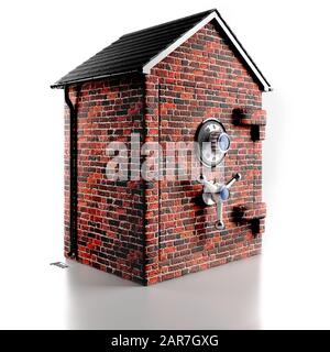 Safe as houses. Bricks and mortar. Brick safe with slate roof. White background. Mortgage. Loan Security, Wealth protection. Family Stock Photo