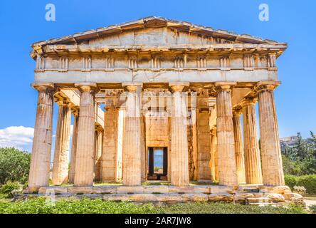 Temple of Hephaestus in the Ancient Agora, Athens, Greece. It is one of the main landmarks of Athens. Sunny view of the classical Greek temple in Athe Stock Photo
