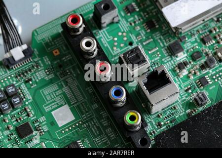 Printed board with radio parts from modern TV Stock Photo