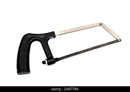 Saw with black plastic handle isolated on white background Stock Photo