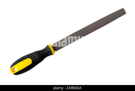 Flat steel file with yellow black rubber handle isolated on white background. Rasp tool for processing of wood and metals. Repair and construction. Stock Photo