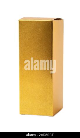 Small golden box for perfume or cologne isolated on white background. Tall paper box as package for perfumes or other products. Copy space. Front view Stock Photo