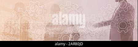 Gears mechanism on panoramic business background. Success Concept Stock Photo