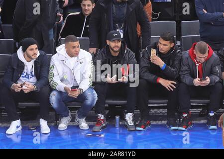 Kylian M'Bappé , Neymar jr ,Thiago Silva and Marco Verratti  during the NBA Paris Game 2020 basketball match between Milwaukee Bucks and Charlotte Hornets on January 24, 2020 at AccorHotels Arena in Paris, France - Photo Laurent Lairys / DPPI Stock Photo