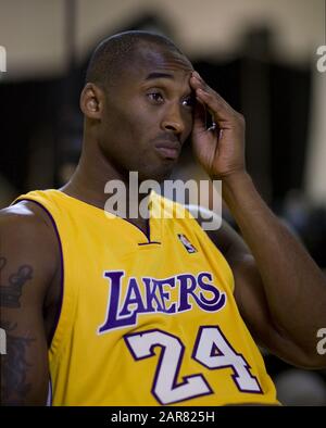 El Segundo, CALIFORNIA, USA. 29th Sep, 2009. Kobe Bryant, 41, dies in helicopter crash in Calabasas, California today Sunday 26 January 2020.Kobe Bryant poses for a picture during the Los Angeles Lakers Media Day in El Segundo, California Tuesday 29 September 2009.ARMANDO ARORIZO. Credit: Armando Arorizo/Prensa Internacional/ZUMA Wire/Alamy Live News Stock Photo