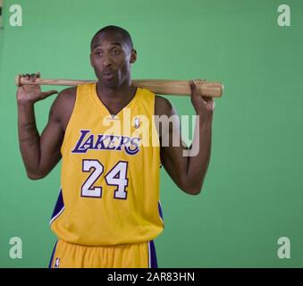 El Segundo, CALIFORNIA, USA. 29th Sep, 2009. Kobe Bryant, 41, dies in helicopter crash in Calabasas, California today Sunday 26 January 2020.Kobe Bryant poses for a picture during the Los Angeles Lakers Media Day in El Segundo, California Tuesday 29 September 2009.ARMANDO ARORIZO. Credit: Armando Arorizo/Prensa Internacional/ZUMA Wire/Alamy Live News Stock Photo