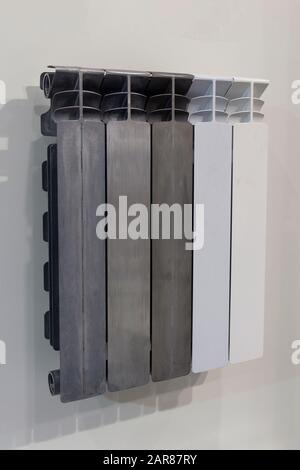 Samples of the aluminum heating radiator in the exhibition hall. Heating Stock Photo