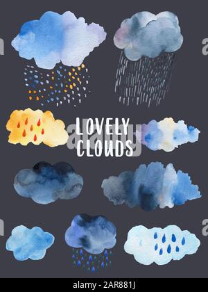 Seamless retro clouds and rain in the sky illustration blue scandinavian style background pattern in Stock Photo