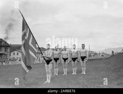 Iceland  Reykjavik. Icelandic wrestling (Glima): members of the glimateam of the Menntaskolinn with banner Date: 1934 Location: Iceland, Reykjavik Keywords: schools, sports clubs, banners, martial and defensive sports, wrestling Stock Photo