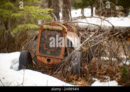 An old, red 1935 McCormick-Deering W30 2WD Tractor in the snow, in a wooded area, in Noxon, Montana. Stock Photo