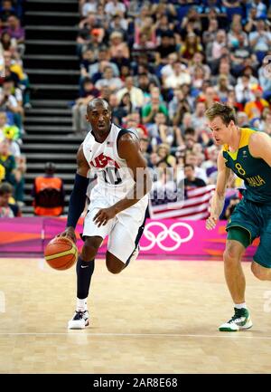 London, UK. 8 August 2012.  File photo of US Basketball star Kobe Bryant competing for Team USA against Australia during the quarterfinals of the basketball tournament at the London Olympics in 2012.  Bryant along with his 13 year old daughter, Gianna, was killed in a helicopter crash in Calabasas, California on Sunday, January 26, 2019 Stock Photo