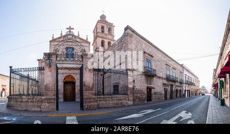 The old Templo de la Cruz at mid day, in the Mexican city of Morelia, Michoacan state, Mexico Stock Photo