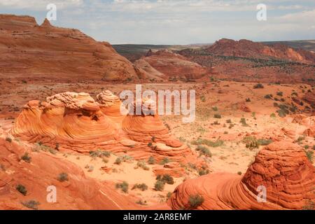 Overview of red rock formations near the WAVE hiking destination in Coyote Butte in northern Arizona, USA Stock Photo