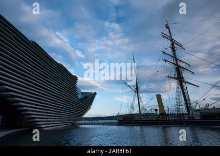 Dundee, United Kingdom - June 19, 2019: The restored RRS Discovery ship that Captain Scott sailed to Antarctic with Shackelton sits in the water next Stock Photo