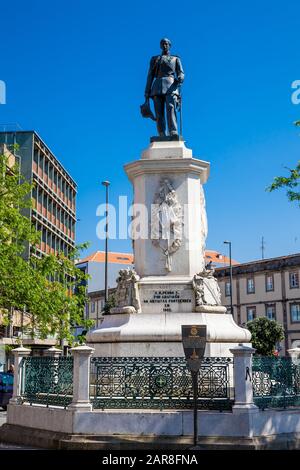 OPORTO, PORTUGAL - MAY, 2018: Statue of King Pedro V of Portugal at Batalha Square Stock Photo