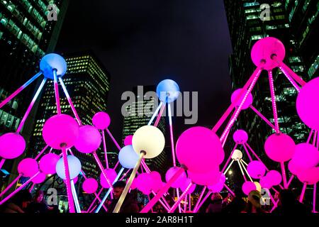 'Affinity' light sculpture by Amigo & Amigo and S1T2, Canary Wharf Winter Lights Festival 2020, London, UK Stock Photo