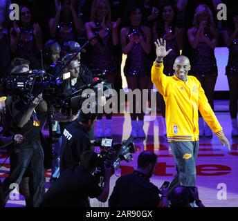 FILE: Los Angeles, United States. 26th Jan, 2020. in this April 13, 2016 file photo, Los Angeles Lakers Kobe Bryant is introduced before his last game against the Utah Jazz at Staples Center in Los Angeles. Bryant was killed in a helicopter crash with his 13-year-old daughter Gianna in Calabasas, California on January 26, 2020. Photo by Lori Shepler/UPI Credit: UPI/Alamy Live News Stock Photo