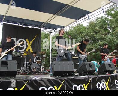 SEPTEMBER 28: Matt Miller, Tony Hajjar, Jim Ward, Paul Hinojos, and Gabriel Gonzalez of Sparta perform at Lakewood Amphitheatre in Atlanta, Georgia on September 28, 2002.  CREDIT: Chris McKay / MediaPunch Stock Photo