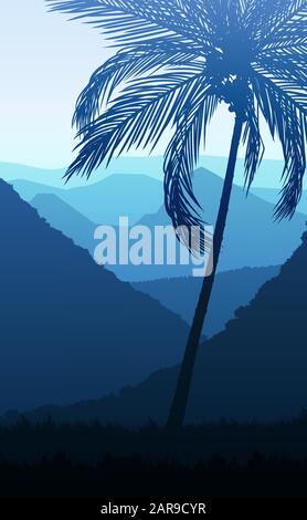 Natural Coconut trees mountains horizon hills silhouettes of trees and hills in the evening Sunrise and sunset Landscape wallpaper Illustration vector Stock Vector