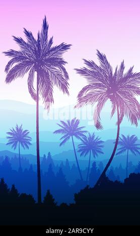 Natural Coconut trees mountains horizon hills silhouettes of trees and hills in the evening Sunrise and sunset Landscape wallpaper Illustration vector Stock Vector