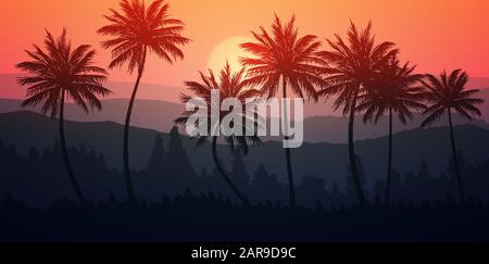 Natural Coconut trees mountains horizon hills silhouettes of trees and hills in the evening Sunrise and sunset Landscape wallpaper Illustration vector Stock Vector